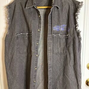 American biker Bikercore Gray Sleeveless Denim Button Down Shirt men’s XXL